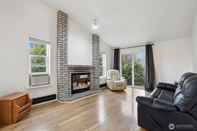 living area with plenty of natural light, a fireplace, and wood finished floors