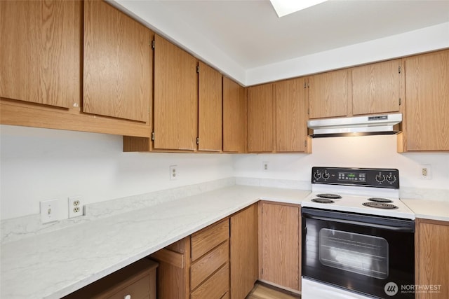 kitchen with range with electric stovetop and under cabinet range hood