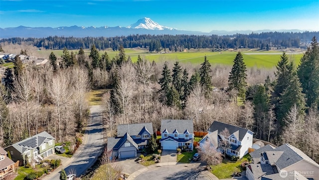 bird's eye view featuring a forest view, a residential view, and a mountain view