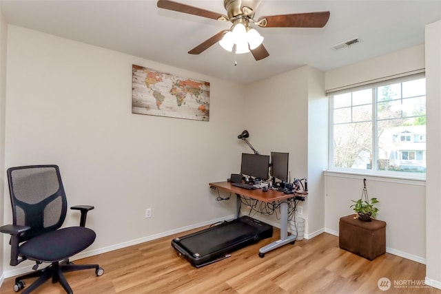 office featuring a ceiling fan, baseboards, visible vents, and wood finished floors