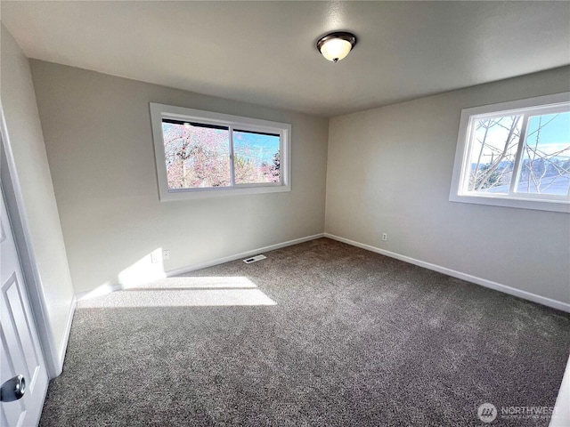 empty room with plenty of natural light, baseboards, and carpet flooring