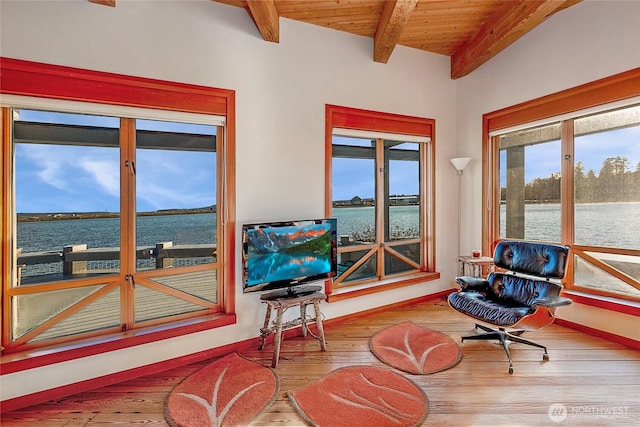 sitting room with hardwood / wood-style flooring, wood ceiling, baseboards, and beamed ceiling