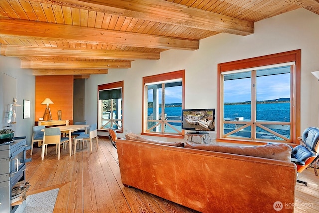 living area with wood ceiling, wood-type flooring, and beamed ceiling