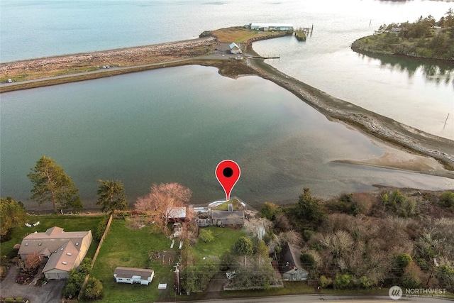 birds eye view of property with a water view