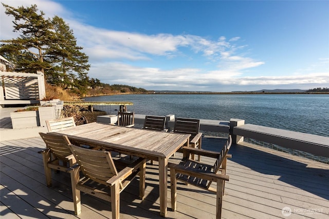 dock area featuring outdoor dining space and a water view