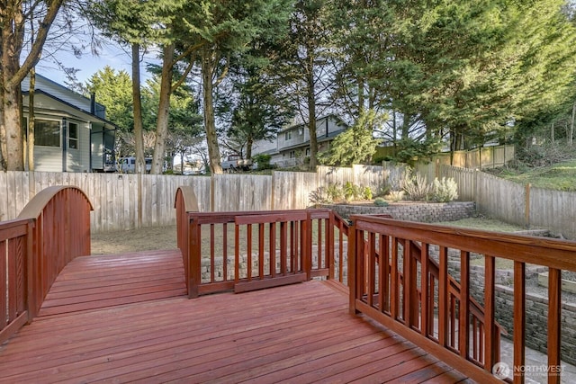 wooden terrace with a fenced backyard