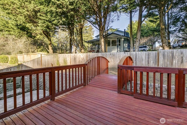 deck with a fenced backyard