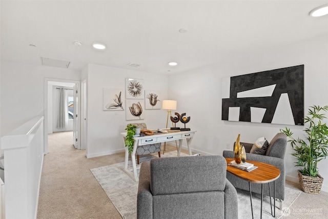 living area with light carpet, visible vents, recessed lighting, and baseboards