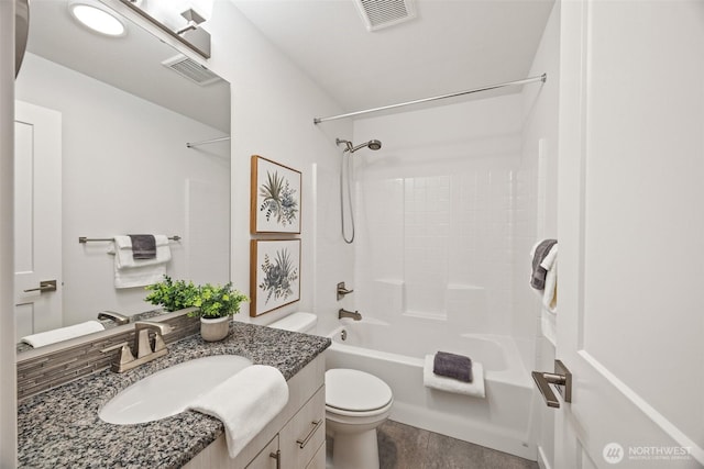 full bath featuring vanity, toilet, visible vents, and shower / bathtub combination