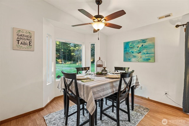 dining room featuring a ceiling fan, baseboards, visible vents, and light wood finished floors