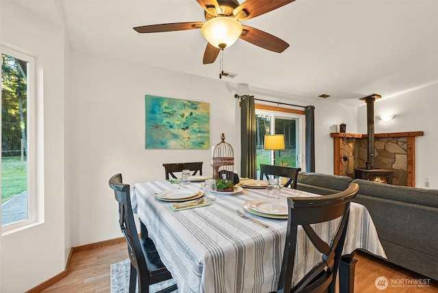 dining room with visible vents, a ceiling fan, a wood stove, light wood-type flooring, and baseboards