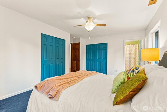 carpeted bedroom with a ceiling fan and baseboards