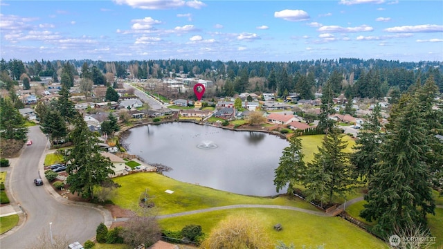 bird's eye view with a water view