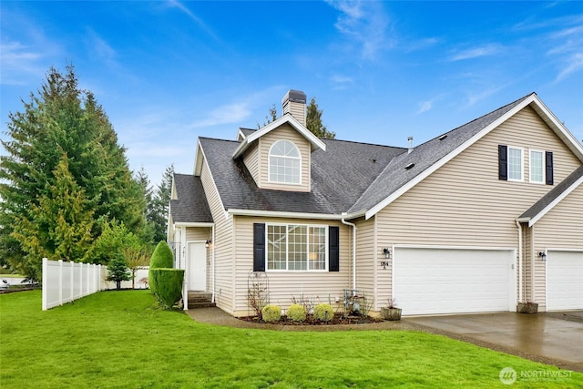 view of front of property with fence, roof with shingles, concrete driveway, a front yard, and a garage