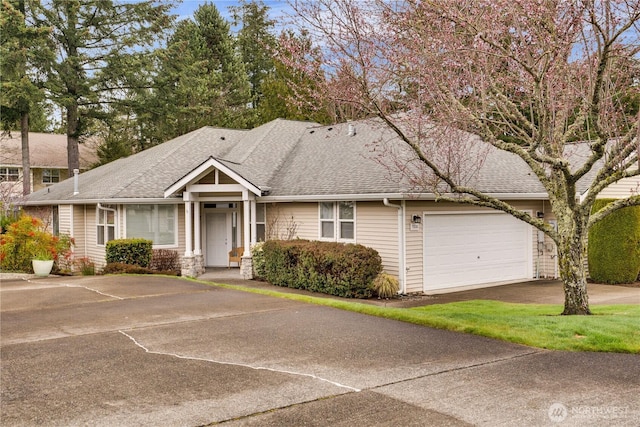 view of front of house featuring a garage, driveway, and a shingled roof