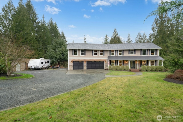 view of front of home featuring an attached garage, a porch, aphalt driveway, and a front yard