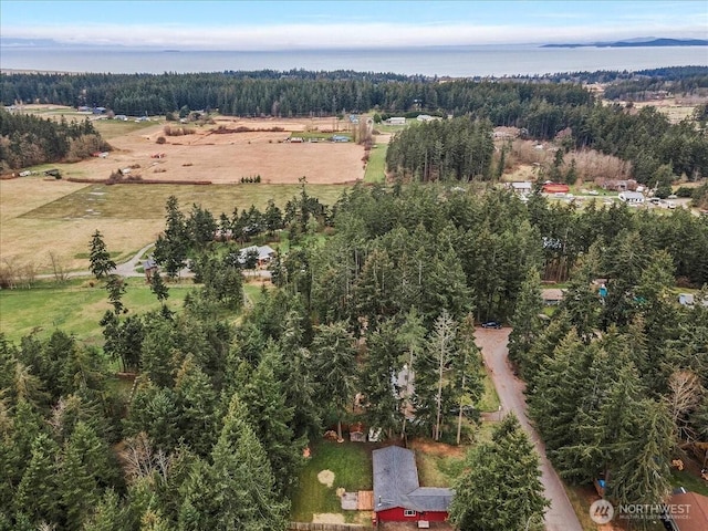 birds eye view of property featuring a rural view and a view of trees