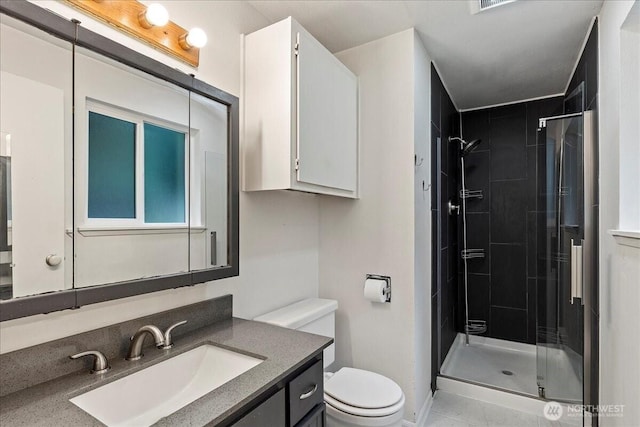 full bath featuring a shower stall, toilet, and vanity