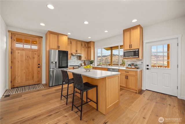 kitchen featuring stainless steel appliances, a sink, light wood-style flooring, and under cabinet range hood