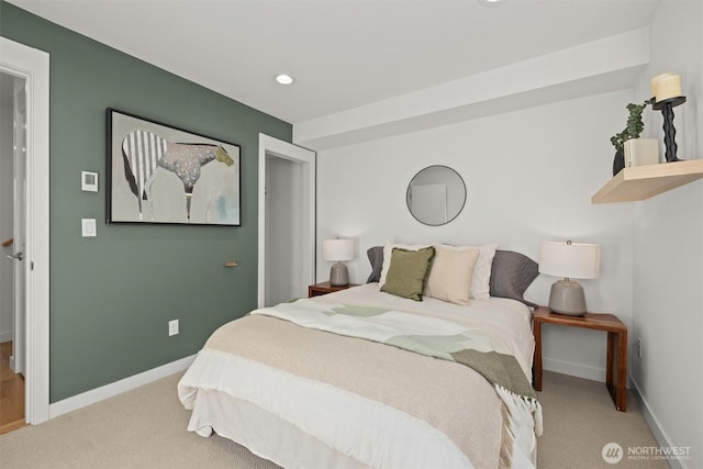 bedroom featuring recessed lighting, carpet flooring, and baseboards