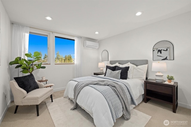 bedroom featuring recessed lighting, baseboards, an AC wall unit, and light colored carpet