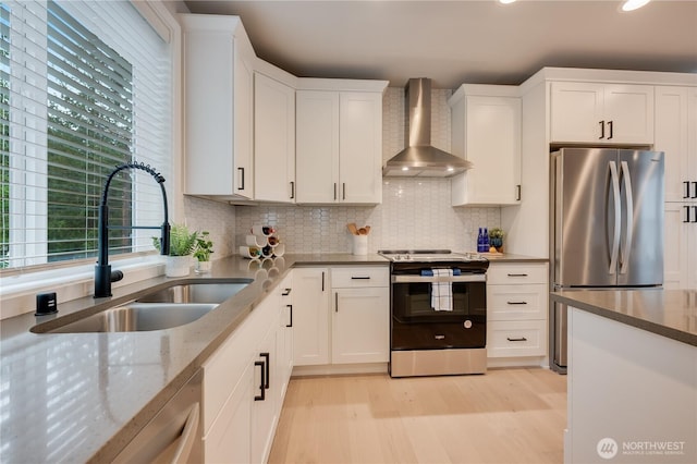 kitchen featuring a sink, appliances with stainless steel finishes, white cabinets, wall chimney range hood, and decorative backsplash