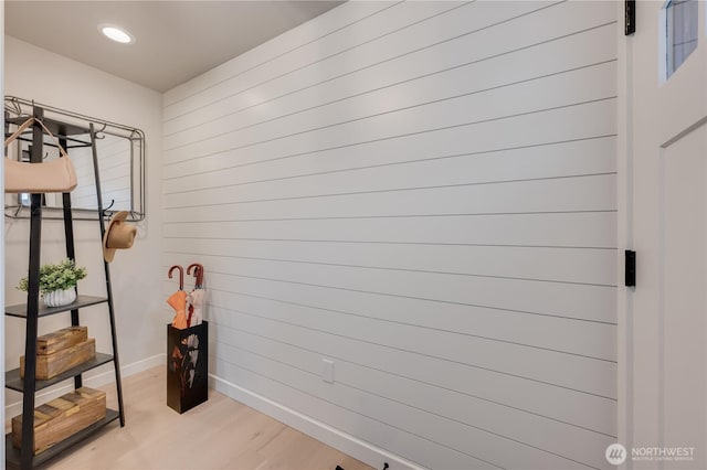 interior space with recessed lighting, light wood-style floors, and baseboards