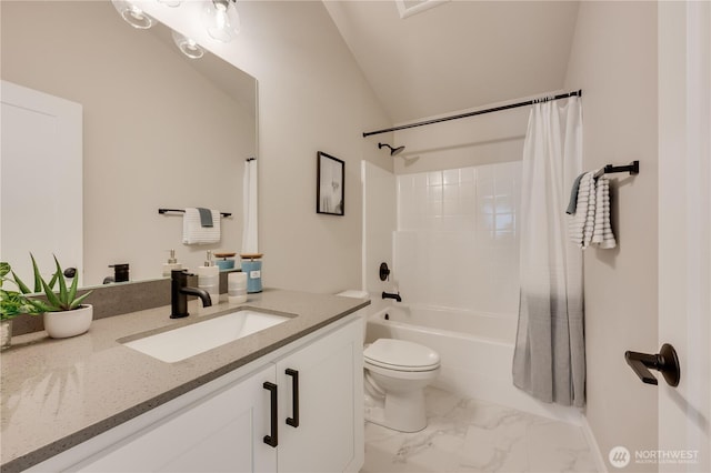 bathroom with marble finish floor, vanity, shower / tub combo with curtain, and toilet