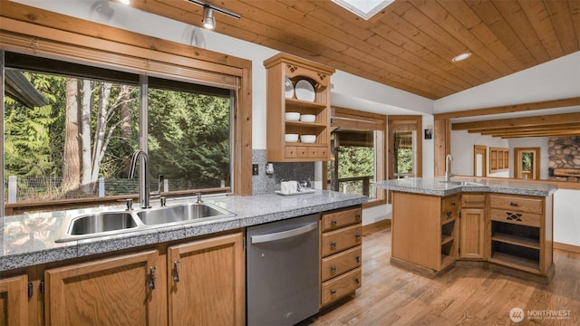 kitchen featuring a sink, wood ceiling, a healthy amount of sunlight, dishwasher, and lofted ceiling with skylight