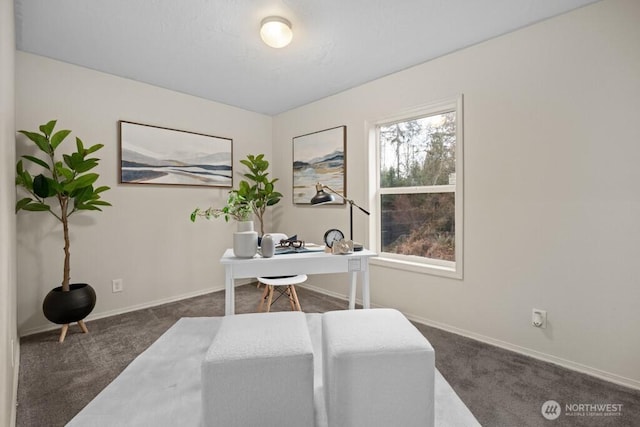 home office with dark colored carpet and baseboards