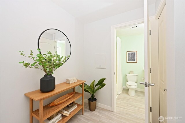 corridor with baseboards and light wood-style floors