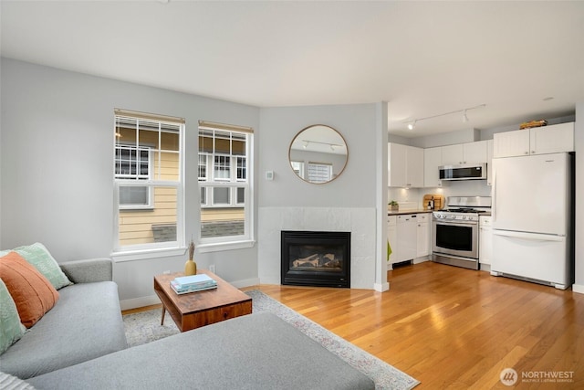 living area with light wood-style floors, a fireplace, baseboards, and track lighting