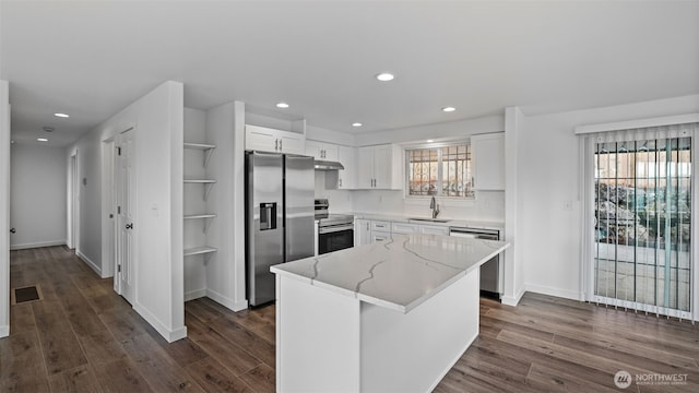 kitchen with visible vents, under cabinet range hood, white cabinets, stainless steel appliances, and a sink