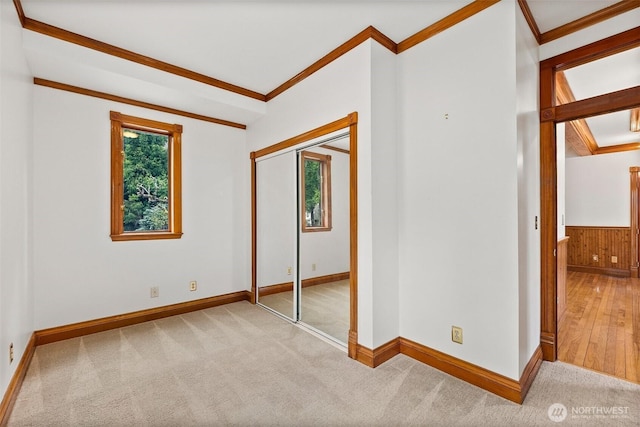 empty room with carpet floors, ornamental molding, wooden walls, and baseboards