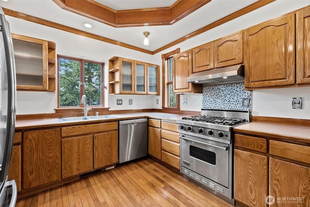 kitchen featuring stainless steel appliances, light wood-type flooring, under cabinet range hood, open shelves, and a sink