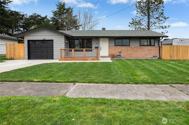 single story home with concrete driveway, brick siding, fence, and an attached garage