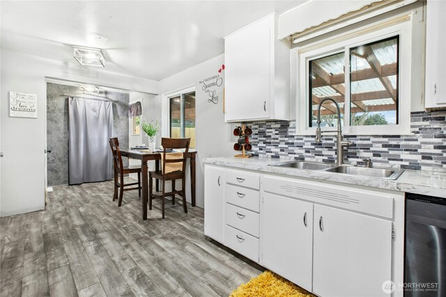 kitchen featuring dishwasher, plenty of natural light, a sink, and light wood-style flooring