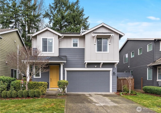 view of front of property featuring driveway, board and batten siding, an attached garage, and fence