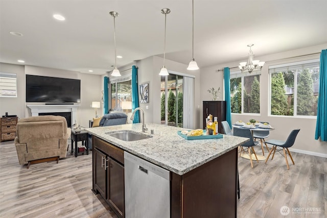 kitchen with stainless steel dishwasher, a sink, dark brown cabinetry, and light wood-style floors