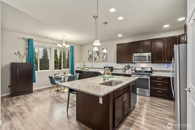 kitchen with stainless steel appliances, light wood-style floors, a sink, and a center island with sink