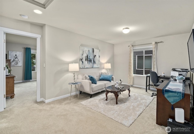 living room with light carpet, baseboards, and recessed lighting