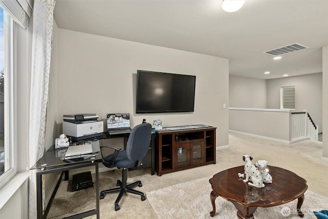 carpeted home office featuring recessed lighting, visible vents, and baseboards