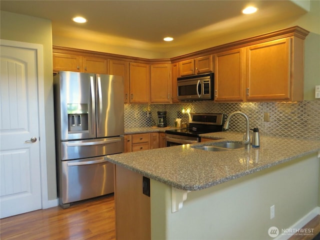 kitchen featuring tasteful backsplash, appliances with stainless steel finishes, a peninsula, wood finished floors, and a sink