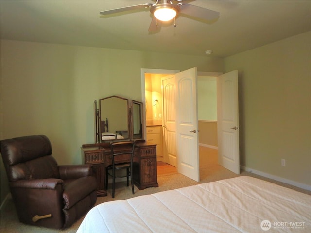 bedroom featuring light carpet, ceiling fan, and baseboards