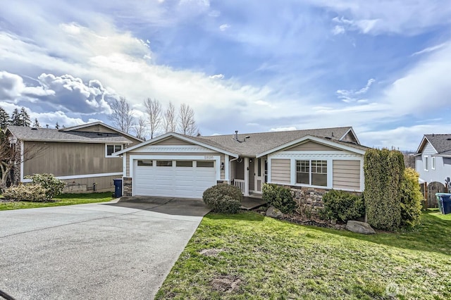 ranch-style home featuring a garage, stone siding, concrete driveway, and a front lawn