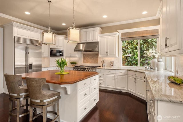 kitchen with under cabinet range hood, built in appliances, wooden counters, and white cabinetry