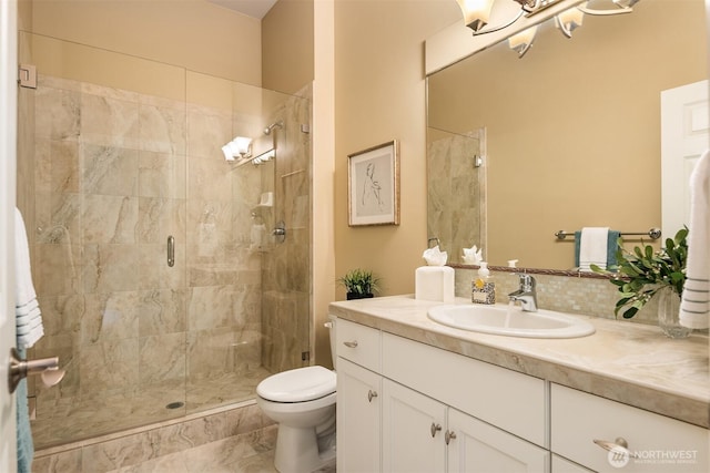 bathroom with vanity, toilet, and a shower stall