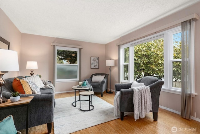 living area featuring baseboards, a textured ceiling, and light wood finished floors