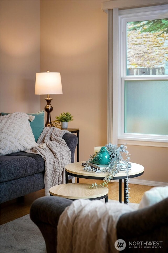 living area with baseboards and wood finished floors