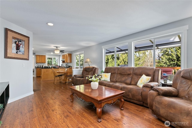 living area with recessed lighting, baseboards, and wood finished floors